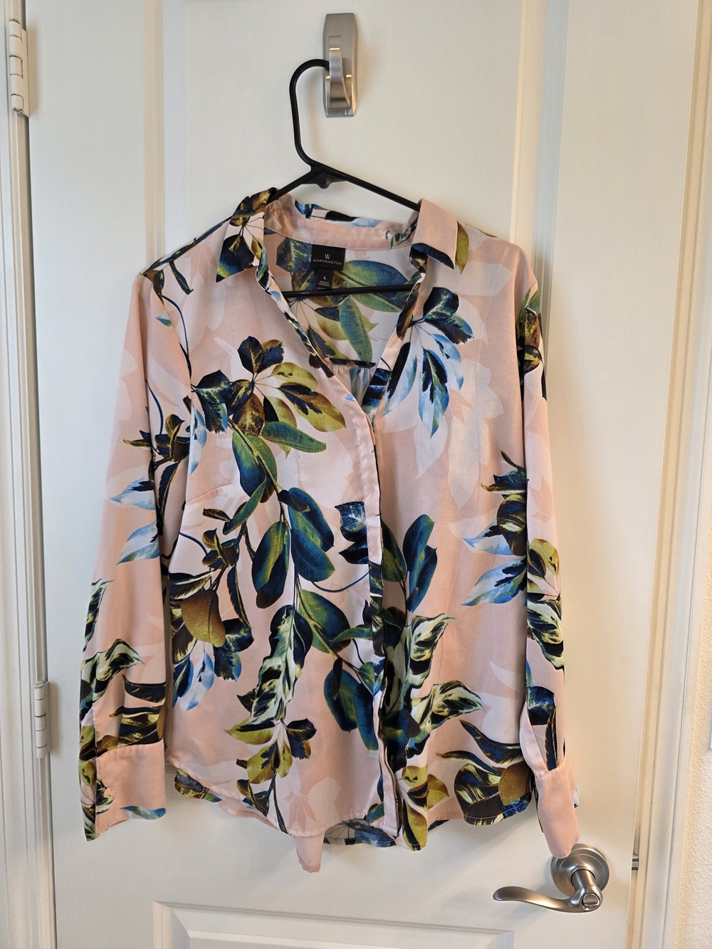 Worthington Pink Floral Button-Down Shirt with Green & Blue Leaves